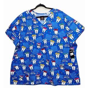 Dickies V Neck Scrub Top with 2 Front Patch Pockets 4xl Dentist Tooth Theme